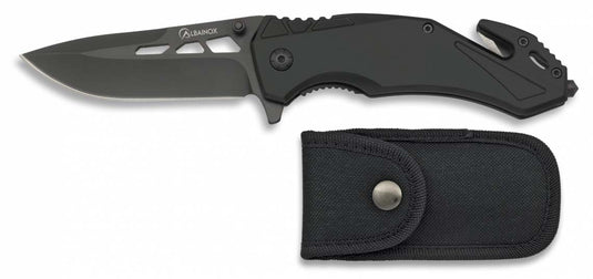 coltello chiudibile emergenza con frangivetro tagliacinture e lama cm. 8,5 con clip di fissaggio colore nero e fodero in cordura 