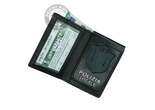 Portafoglio in pelle con alloggio per placca AS45 Polizia Locale, con scritta  POLIZIA LOCALE 