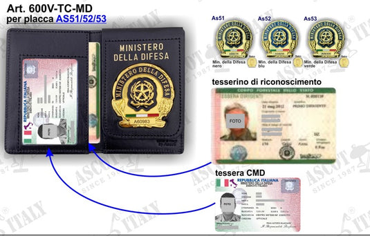 Portafoglio in pelle con alloggio per placca e  doppio alloggio tessera di riconoscimento 