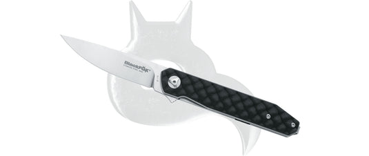 black fox reloaded<BR/>design by fox knives folding knife 440c black g10 handle grey blade 