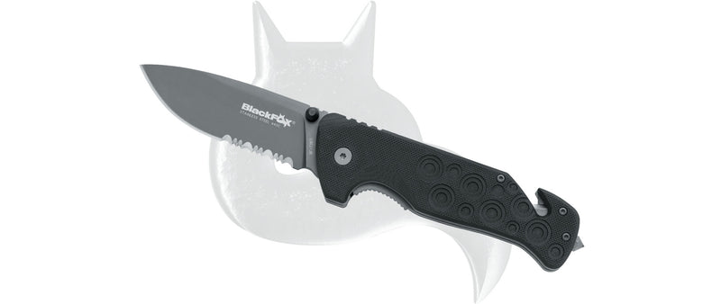 Load image into Gallery viewer, black fox black action folding knife 440c black g10 handle grey blade 
