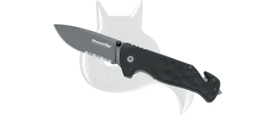 black fox black action folding knife 440c black g10 handle grey blade 