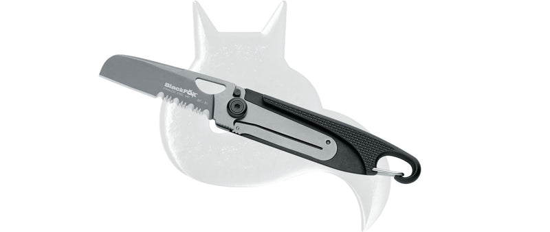 Load image into Gallery viewer, black fox jimson folding knife 440c black zytel handle titanium coated  satin grey blade 
