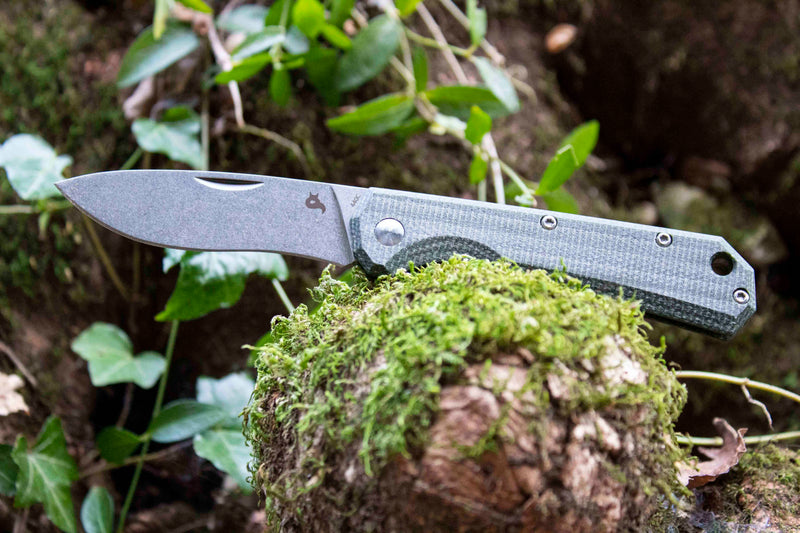 Load image into Gallery viewer, black fox ciol folding knife 440c stonewashed blade od green canvas micarta handle 
