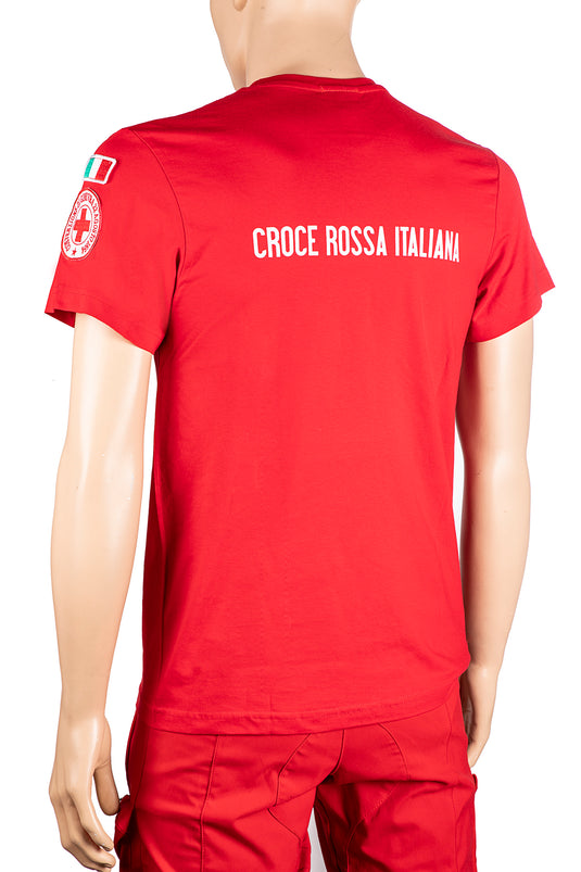 T-SHIRT MEZZE MANICHE IN COTONE CROCE ROSSA ITALIANA COLORE ROSSO CON STAMPE E RICAMI 