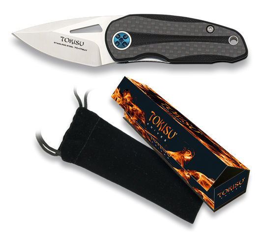 coltello chiudibile tokisu, manico in fibra di carbonio e g10 , lama 5 cm. 