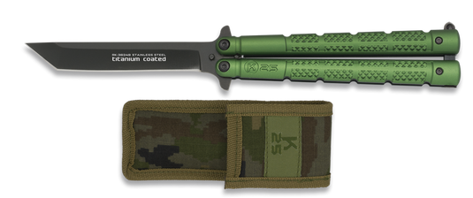 Balisong K25 lama tanto cm. 10 manico verde con fodero. 