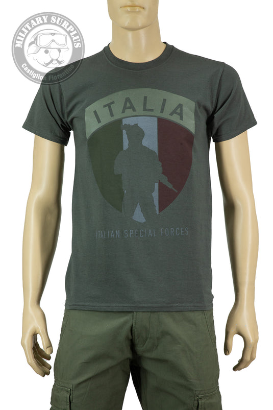 T-shirt military style stampata fronte retro ITALIAN SPECIAL FORCES GRIGIO ANTRACITE CON TRICOLORE 