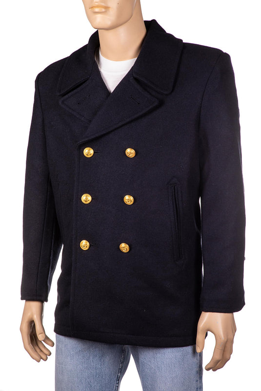 giacca modello peacoat in lana blu con bottoni dorati 