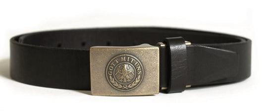 Cintura stile militare in pelle nera fibbia metallica "GOT MIT UNS" 