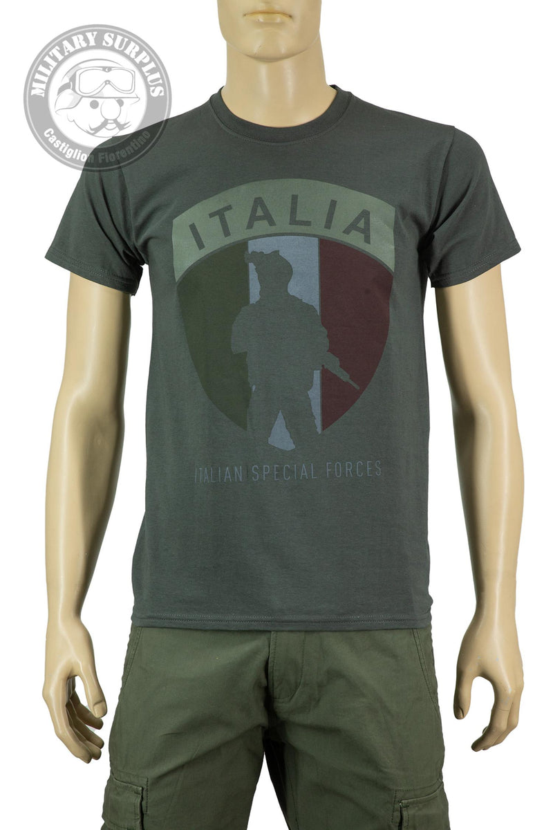 Carica immagine in Galleria Viewer, T-shirt military style stampata fronte retro ITALIAN SPECIAL FORCES GRIGIO ANTRACITE CON TRICOLORE 
