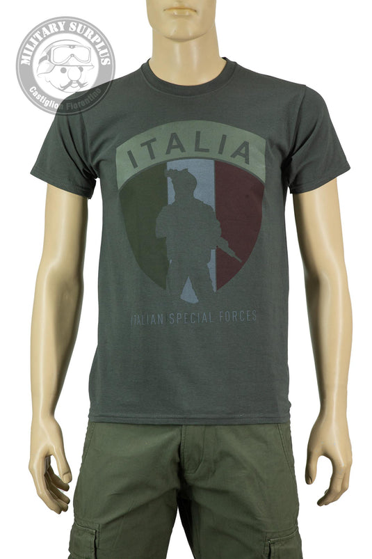 T-shirt military style stampata fronte retro ITALIAN SPECIAL FORCES GRIGIO ANTRACITE CON TRICOLORE 