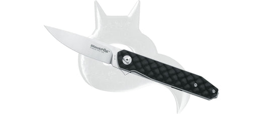 black fox reloaded<BR/>design by fox knives folding knife 440c black g10 handle grey blade 