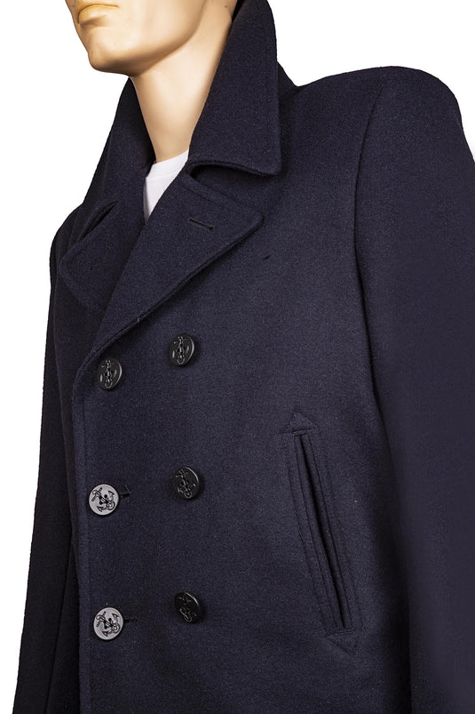 giacca modello peacoat in lana blu con bottoni in plastica neri 