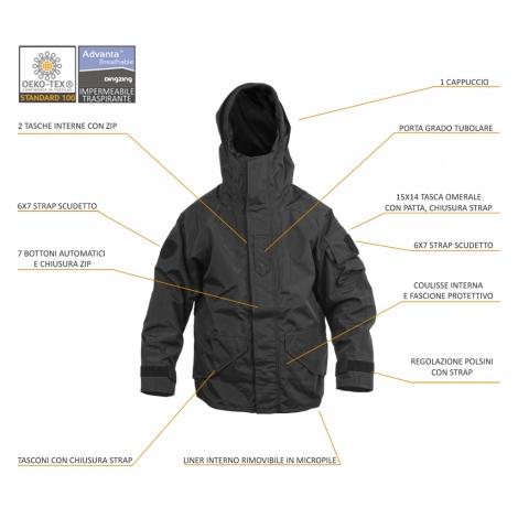 ECWCS PARKA IMPERMEABILE E TRASPIRANTE CON IMBOTTITURA INTERNA IN PILE STACCABILE COLORE NERO 