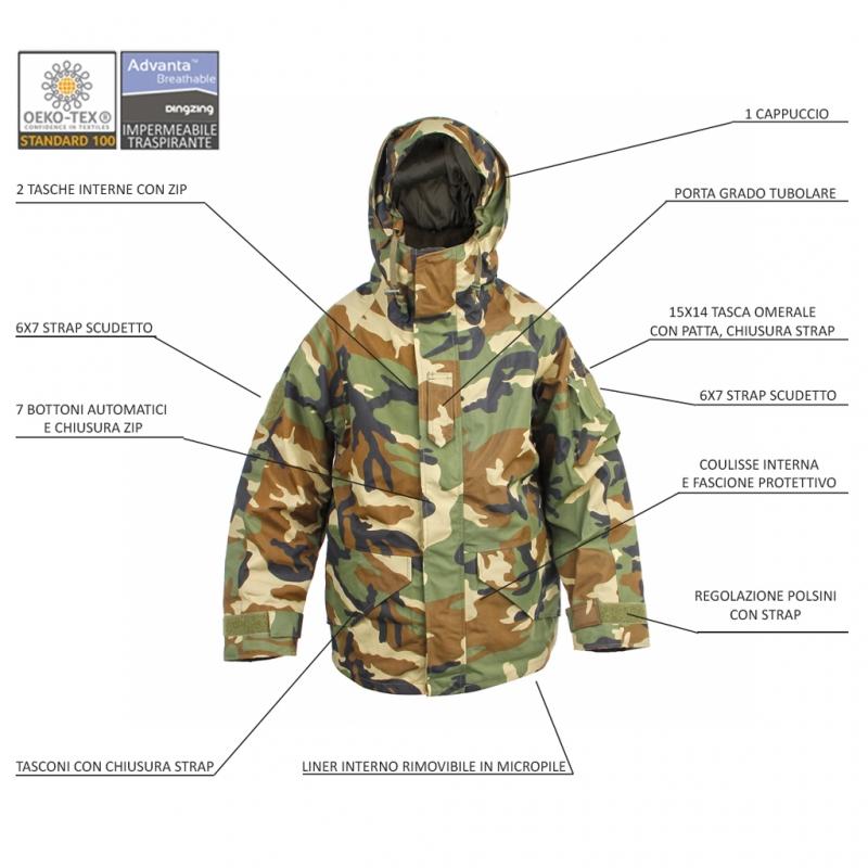 Carica immagine in Galleria Viewer, ECWCS PARKA IMPERMEABILE E TRASPIRANTE CON IMBOTTITURA INTERNA IN PILE STACCABILE COLORAZIONE WOODLAND AMERICANO 
