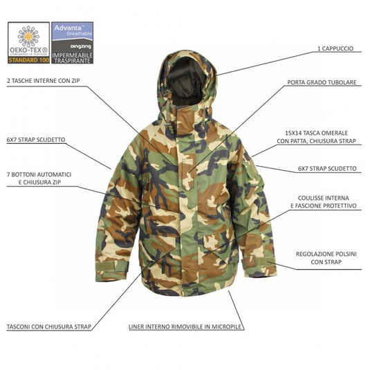 ECWCS PARKA IMPERMEABILE E TRASPIRANTE CON IMBOTTITURA INTERNA IN PILE STACCABILE COLORAZIONE WOODLAND AMERICANO 
