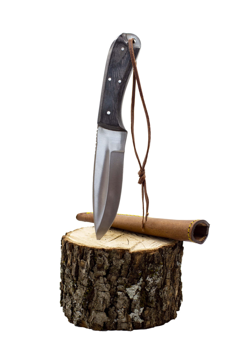 Load image into Gallery viewer, coltello caccia manico legno fodero cuoio lama cm 12 
