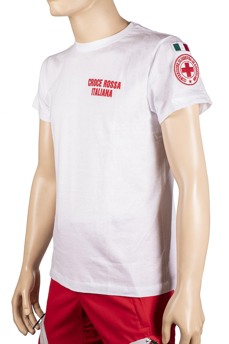 Load image into Gallery viewer, T-SHIRT MEZZE MANICHE IN COTONE CROCE ROSSA ITALIANA COLORE BIANCO CON STAMPE E RICAMI 
