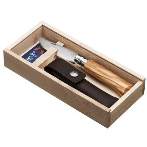 coltello opinel 8 vri manico in ulivo, lama in acciaio inox, fodero in cuoio e confezione regalo in legno 