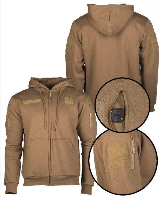 Felpa tattica zip lunga con cappuccio e velcro Dark Coyote 